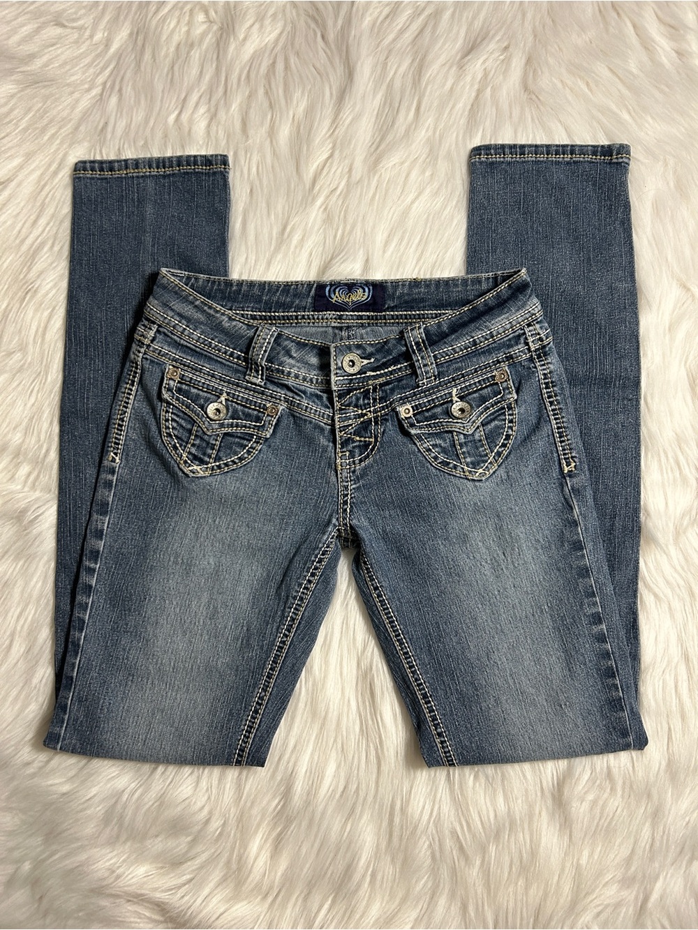 Angels Women's Low Rise Skinny Jeans in Faded Blue Denim